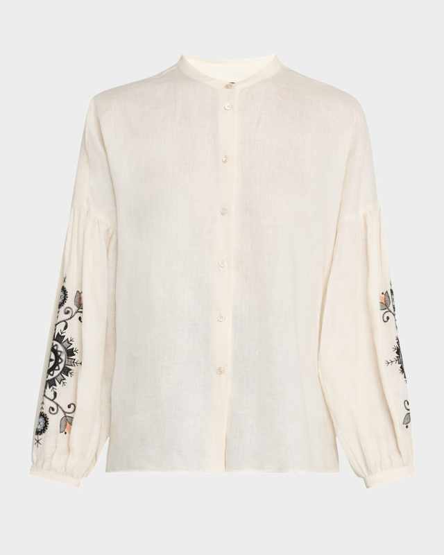 Ilex Floral-Embroidered Linen Blouse